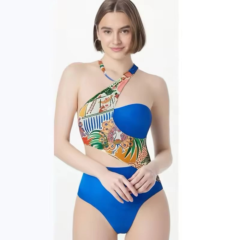 Addery Blue One-Shoulder Monokini with Cover Up