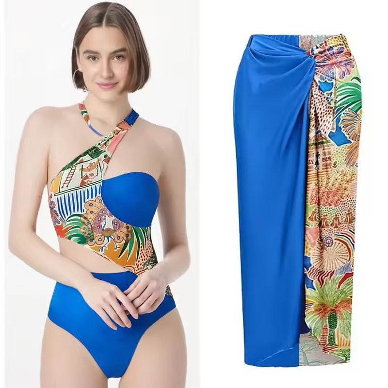 Addery Blue One-Shoulder Monokini with Cover Up