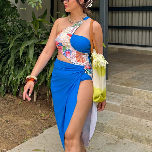 Addery Blue One-Shoulder Monokini with Cover Up