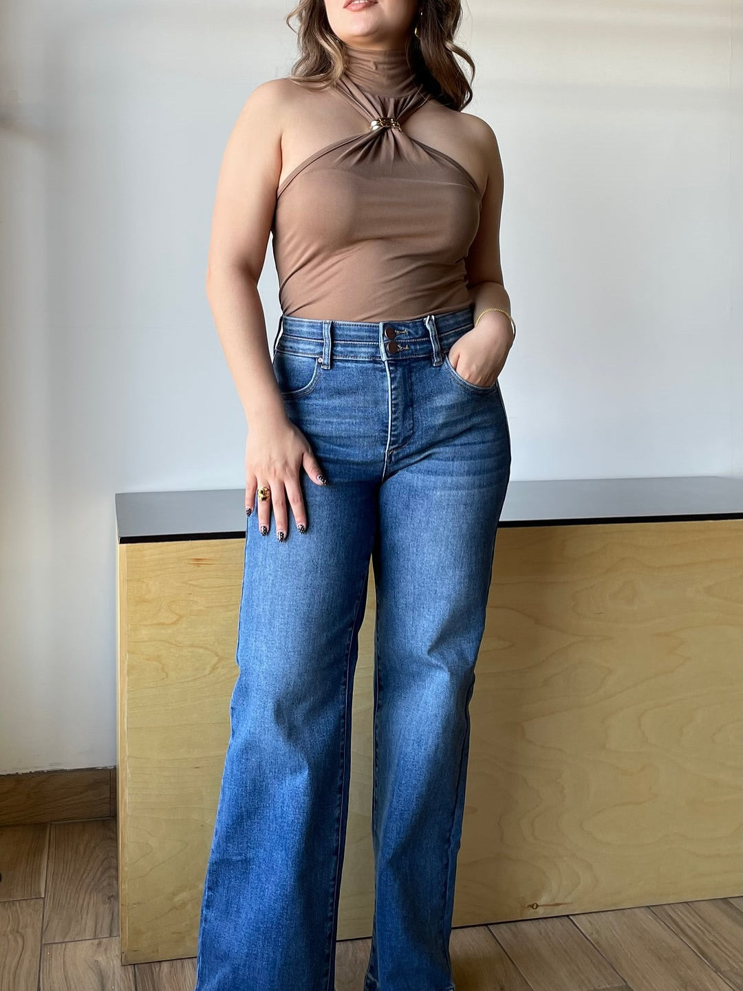 Chic Ruched Turtleneck Tank Top with golden detail