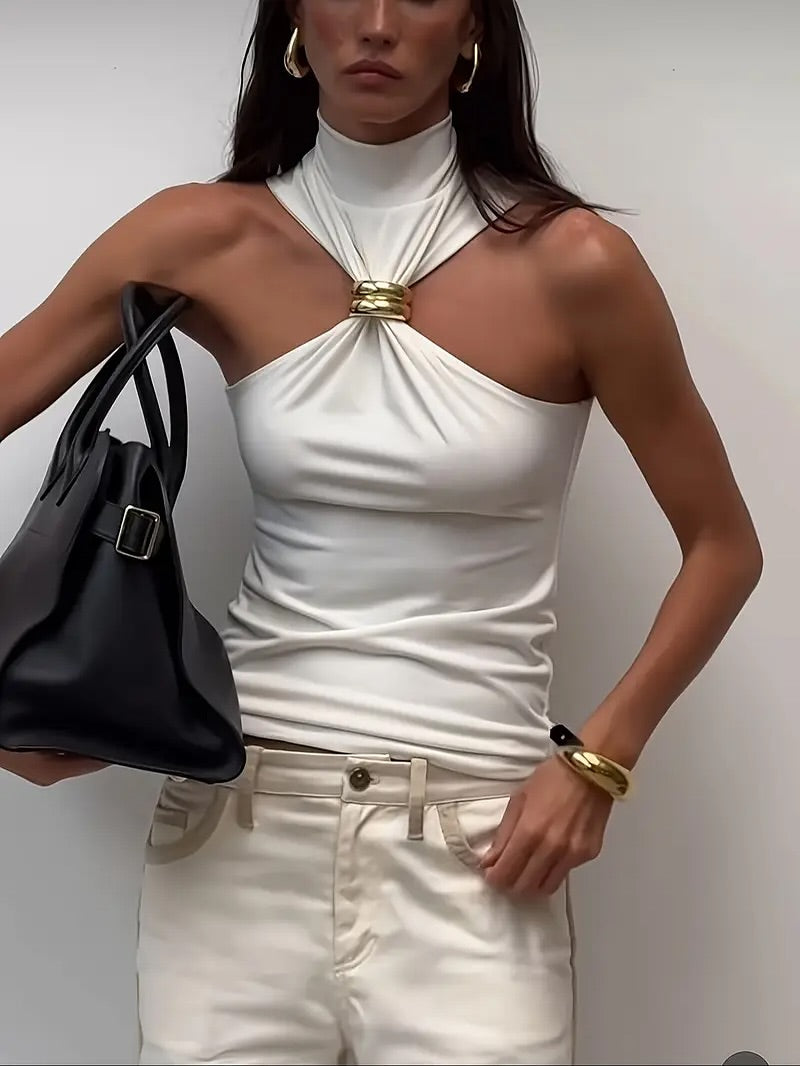 Chic Ruched Turtleneck Tank Top with golden detail