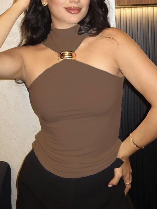 Chic Ruched Turtleneck Tank Top with golden detail