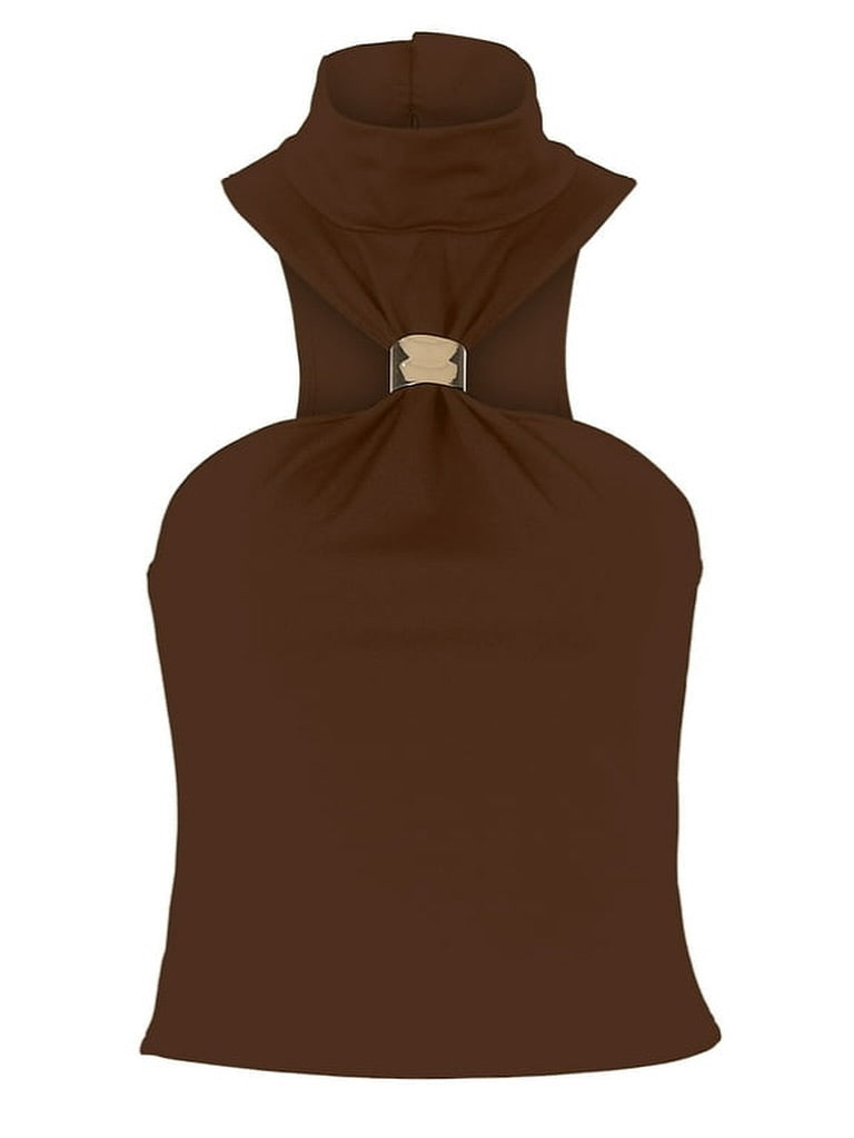 Chic Ruched Turtleneck Tank Top with golden detail