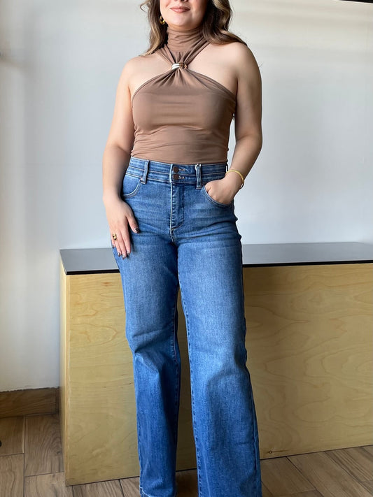 Chic Ruched Turtleneck Tank Top with golden detail