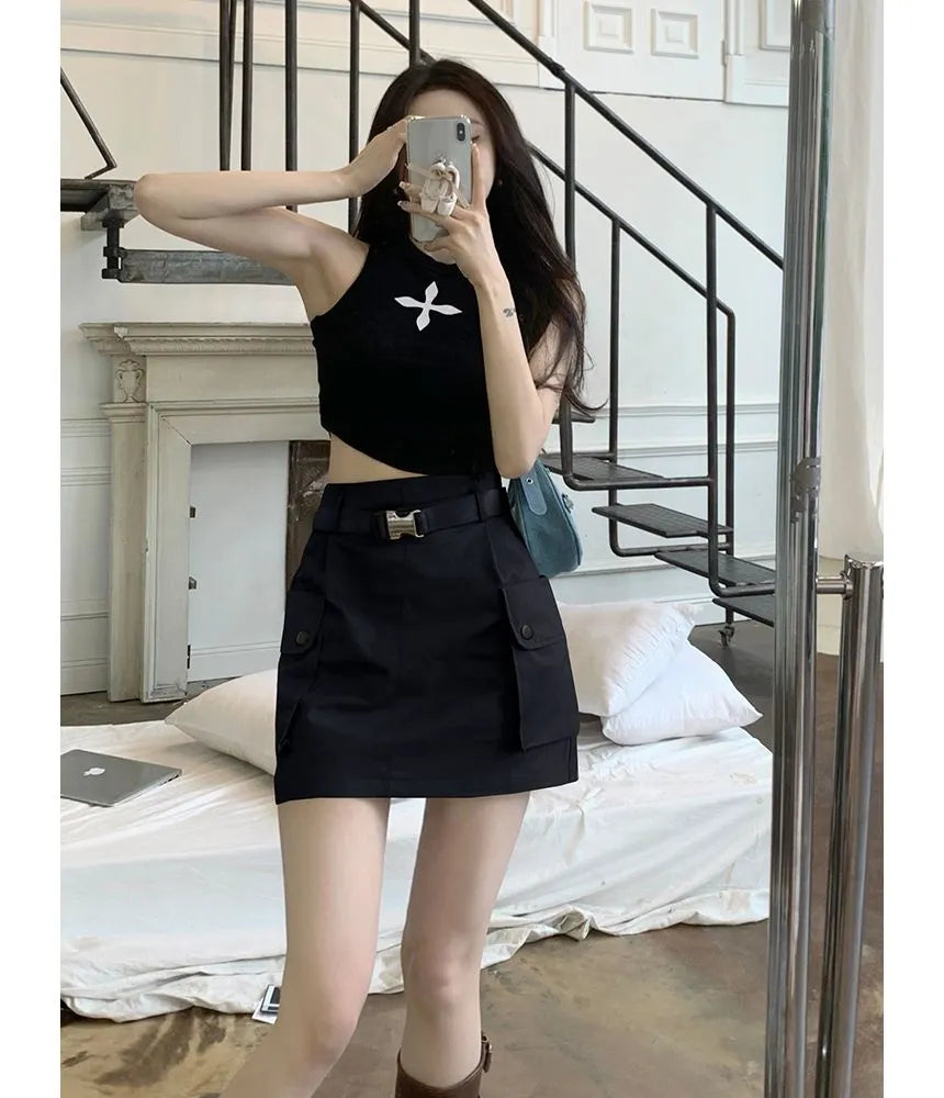 Cintherin  High Waist Plain Mini A-Line Cargo Skirt with Belt