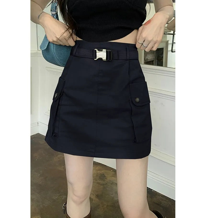Cintherin  High Waist Plain Mini A-Line Cargo Skirt with Belt