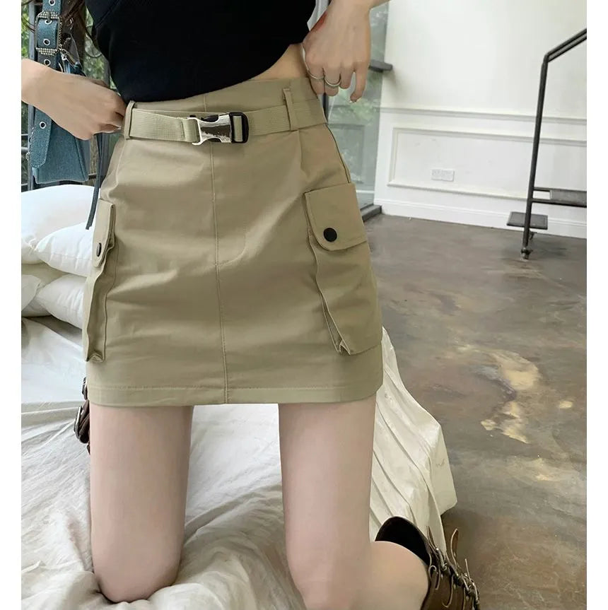 Cintherin  High Waist Plain Mini A-Line Cargo Skirt with Belt