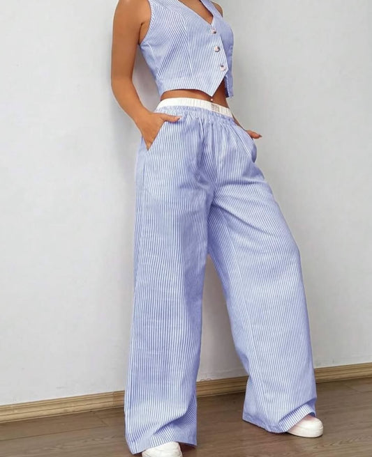Color Block Striped Vest & Baggy Pants Wide Leg Loose Casual Coord