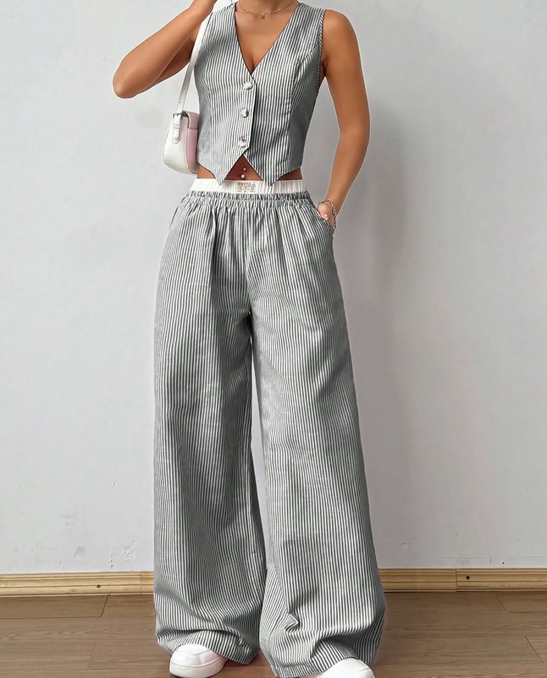 Color Block Striped Vest & Baggy Pants Wide Leg Loose Casual Coord