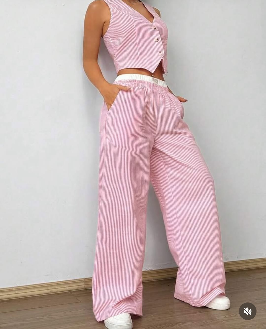 Color Block Striped Vest & Baggy Pants Wide Leg Loose Casual Coord
