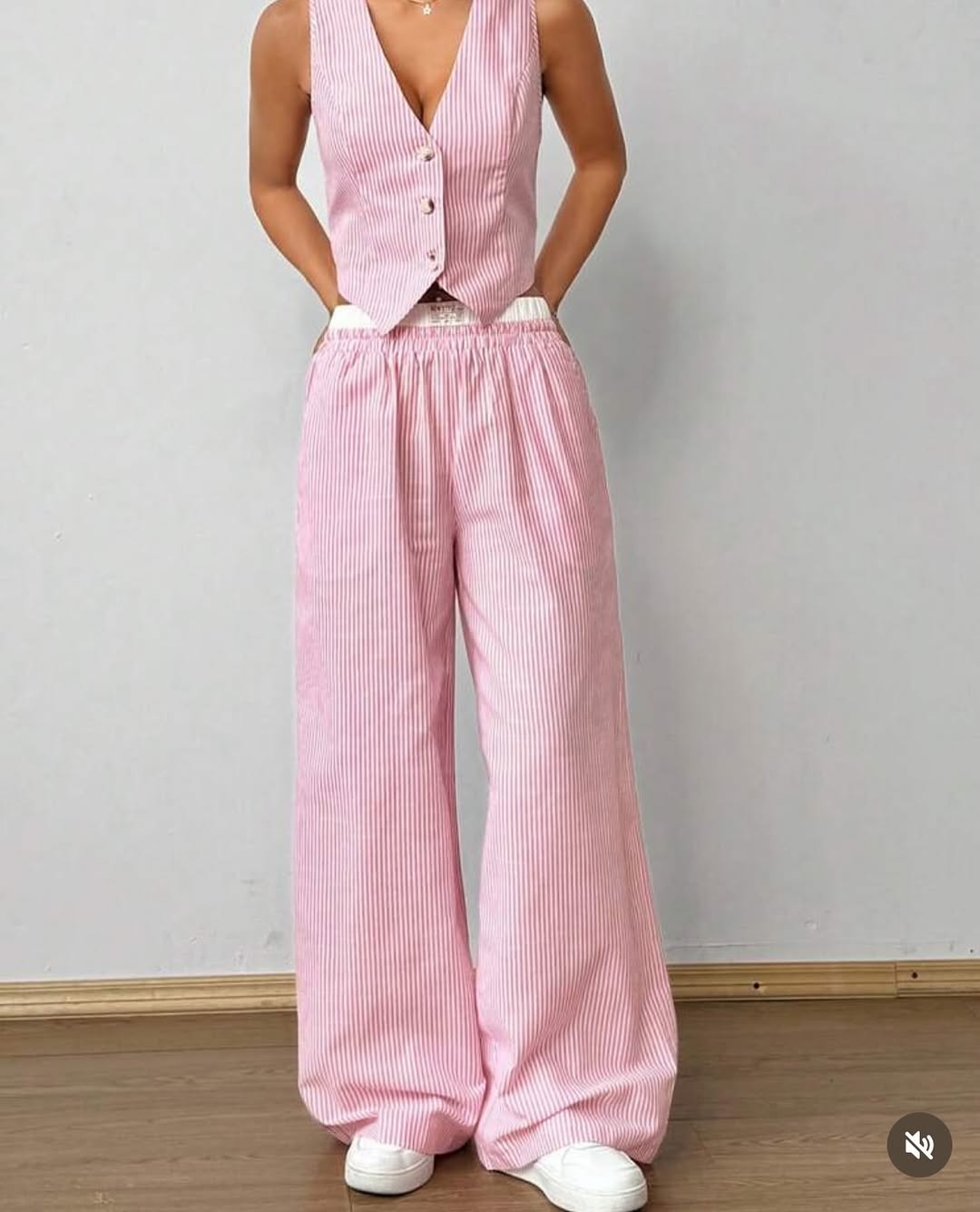 Color Block Striped Vest & Baggy Pants Wide Leg Loose Casual Coord