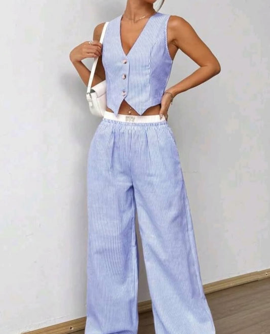 Color Block Striped Vest & Baggy Pants Wide Leg Loose Casual Coord