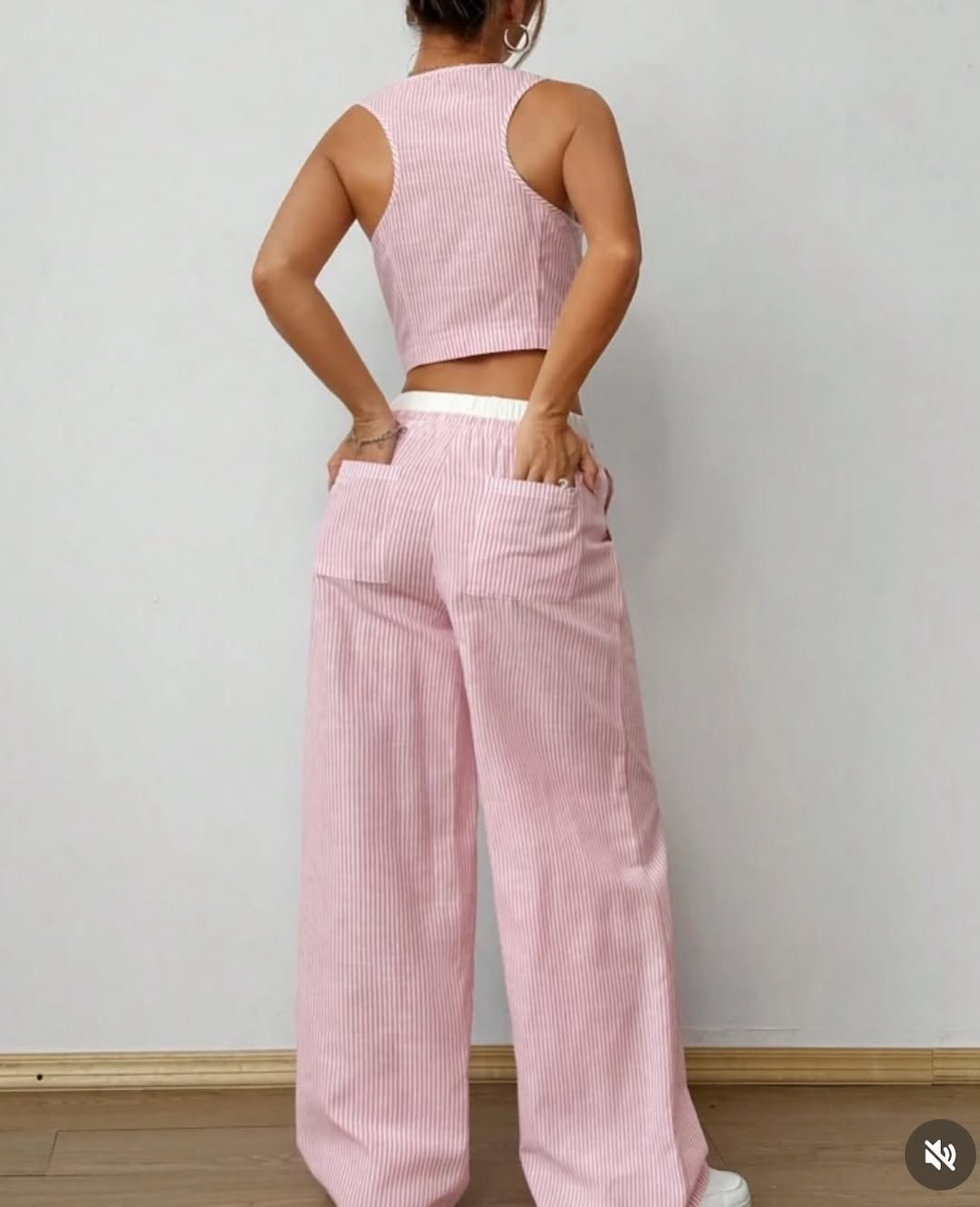 Color Block Striped Vest & Baggy Pants Wide Leg Loose Casual Coord