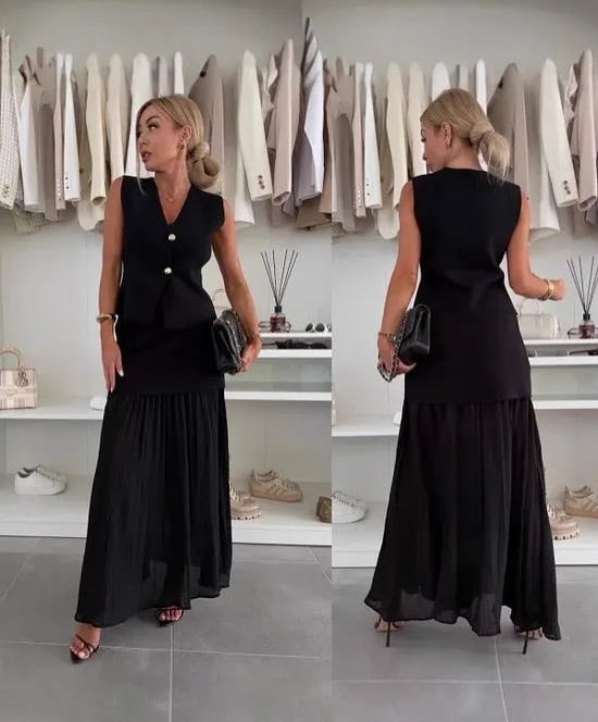 Delilah Knit Waistcoat & Pleated Sheer Maxi Skirt