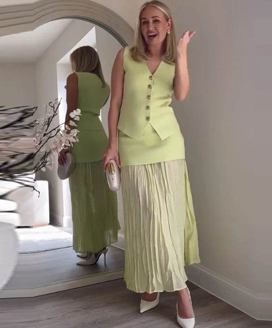 Delilah Knit Waistcoat & Pleated Sheer Maxi Skirt