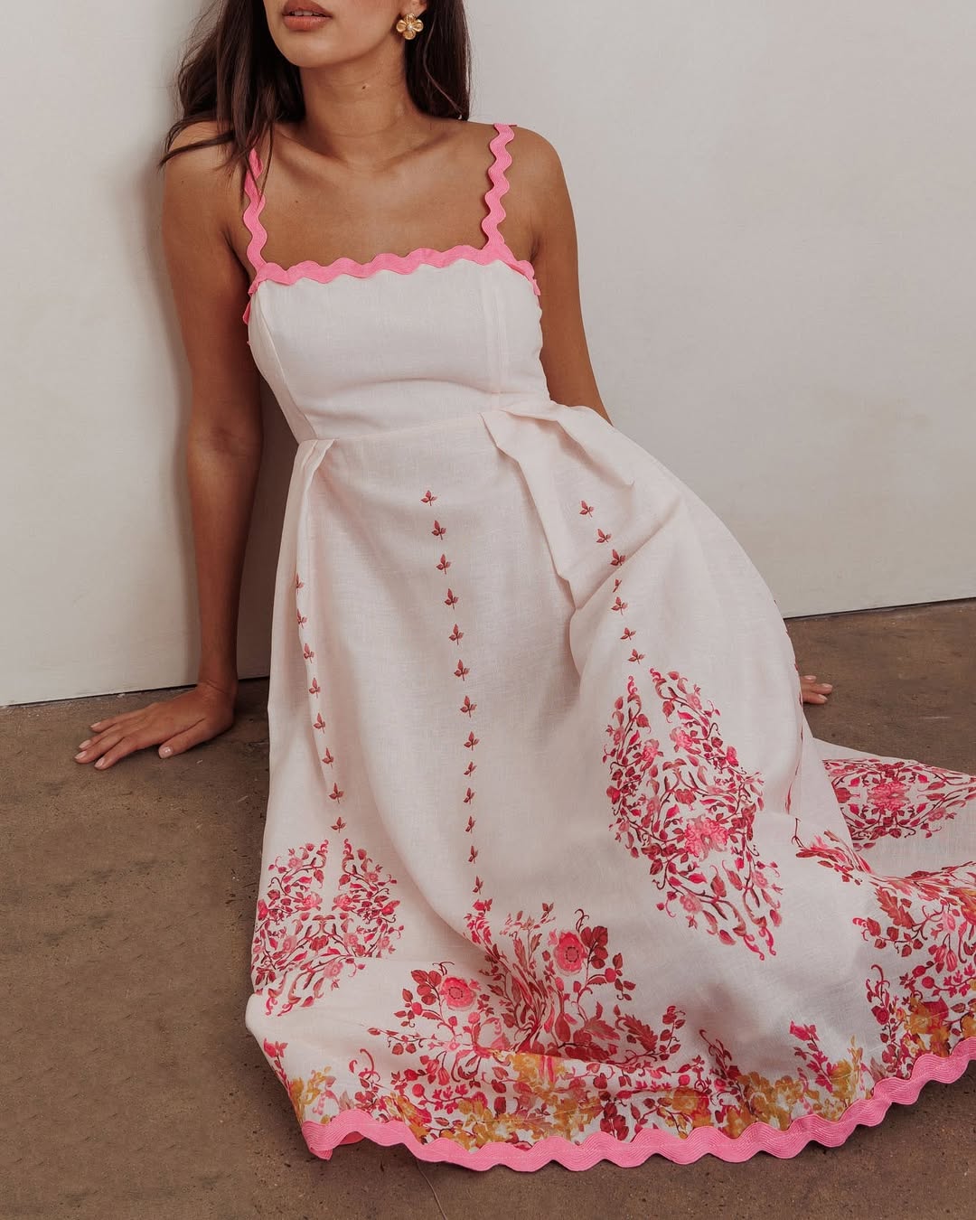ELEGANT SUMMER FLORAL PRINT BACK TIE-UP MIDI DRESS WITH TRIM BAND
