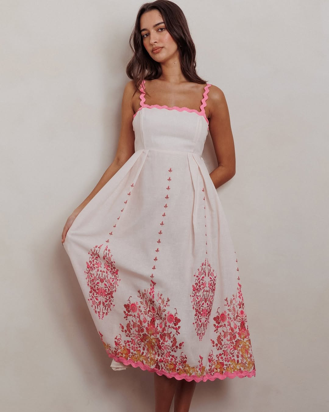 ELEGANT SUMMER FLORAL PRINT BACK TIE-UP MIDI DRESS WITH TRIM BAND