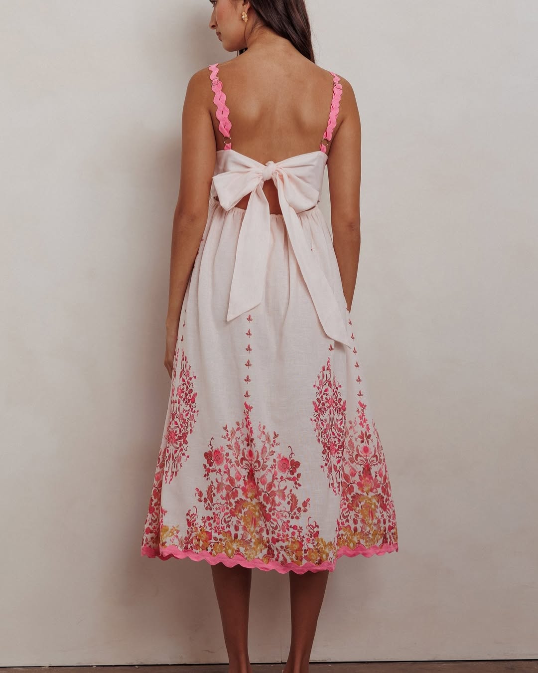 ELEGANT SUMMER FLORAL PRINT BACK TIE-UP MIDI DRESS WITH TRIM BAND