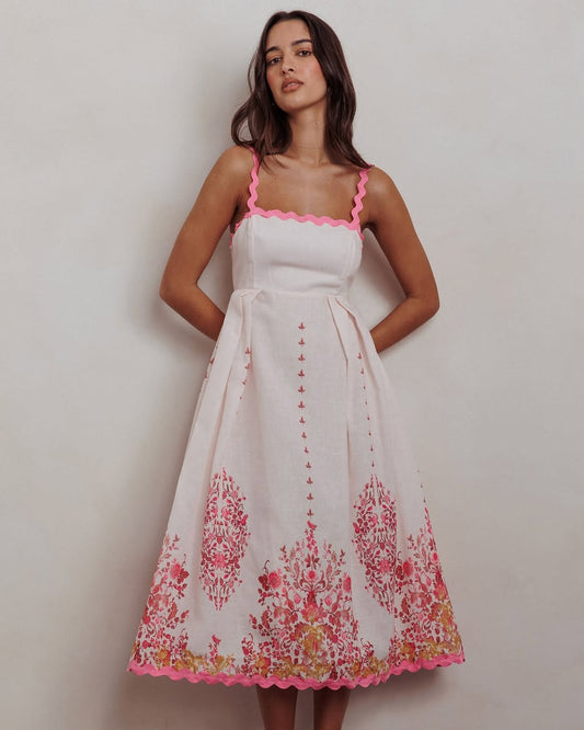 ELEGANT SUMMER FLORAL PRINT BACK TIE-UP MIDI DRESS WITH TRIM BAND