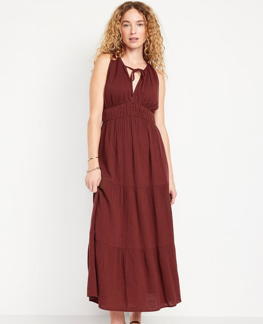 Fit & Flare Crinkle Gauze Maxi Dress