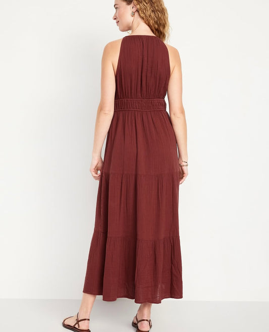 Fit & Flare Crinkle Gauze Maxi Dress