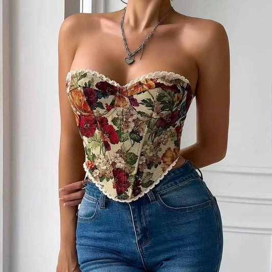 Floral Drawstring Jacquard Corset