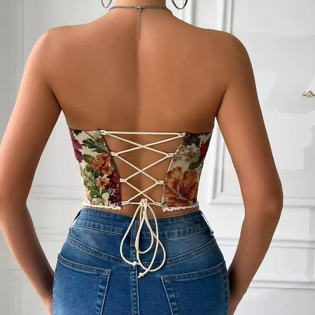 Floral Drawstring Jacquard Corset