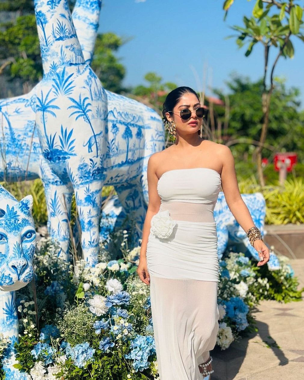 Flower Applique See through Tube Maxi Dress
