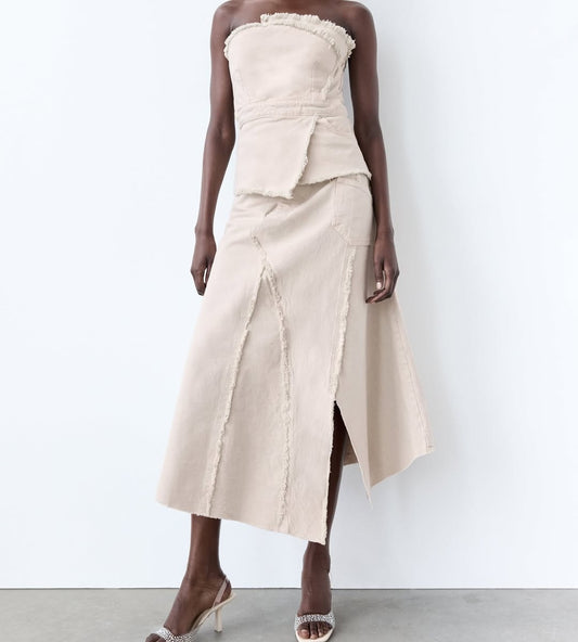 Frayed Denim Tube Top & Skirt Co-ord Set