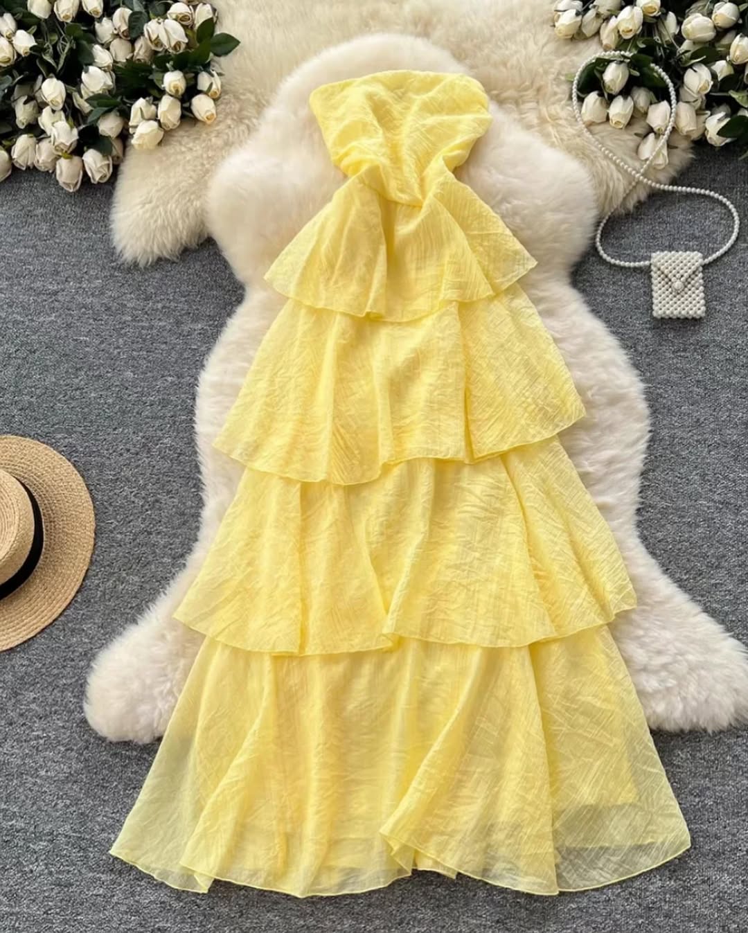 GIAVANA STRAPLESS LAYERED MIDI DRESS