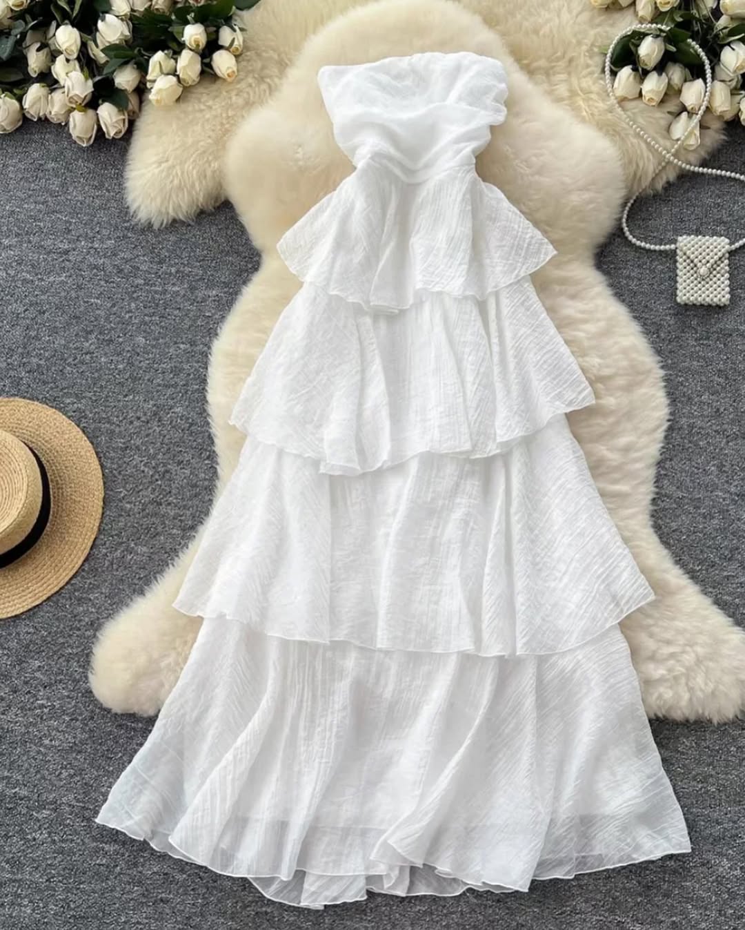 GIAVANA STRAPLESS LAYERED MIDI DRESS
