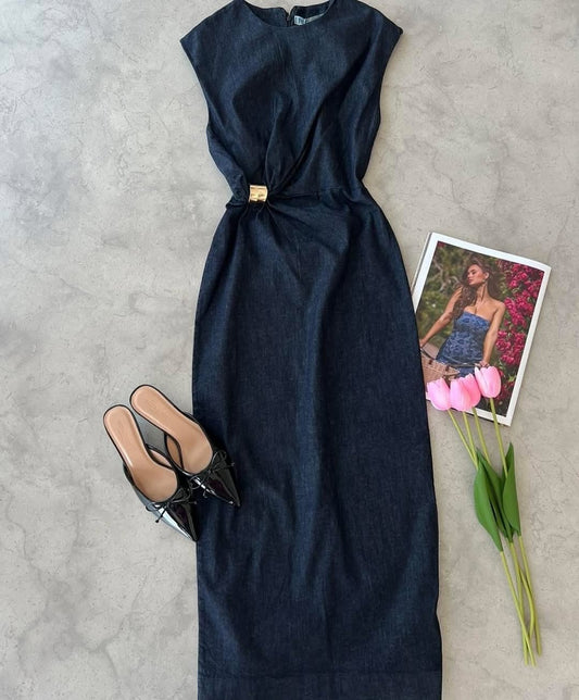 Gold Applique Denim Midi Dress