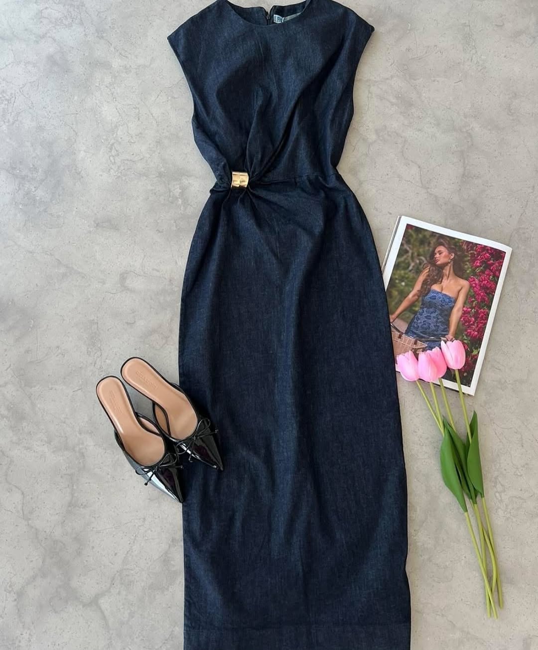 Gold Applique Denim Midi Dress