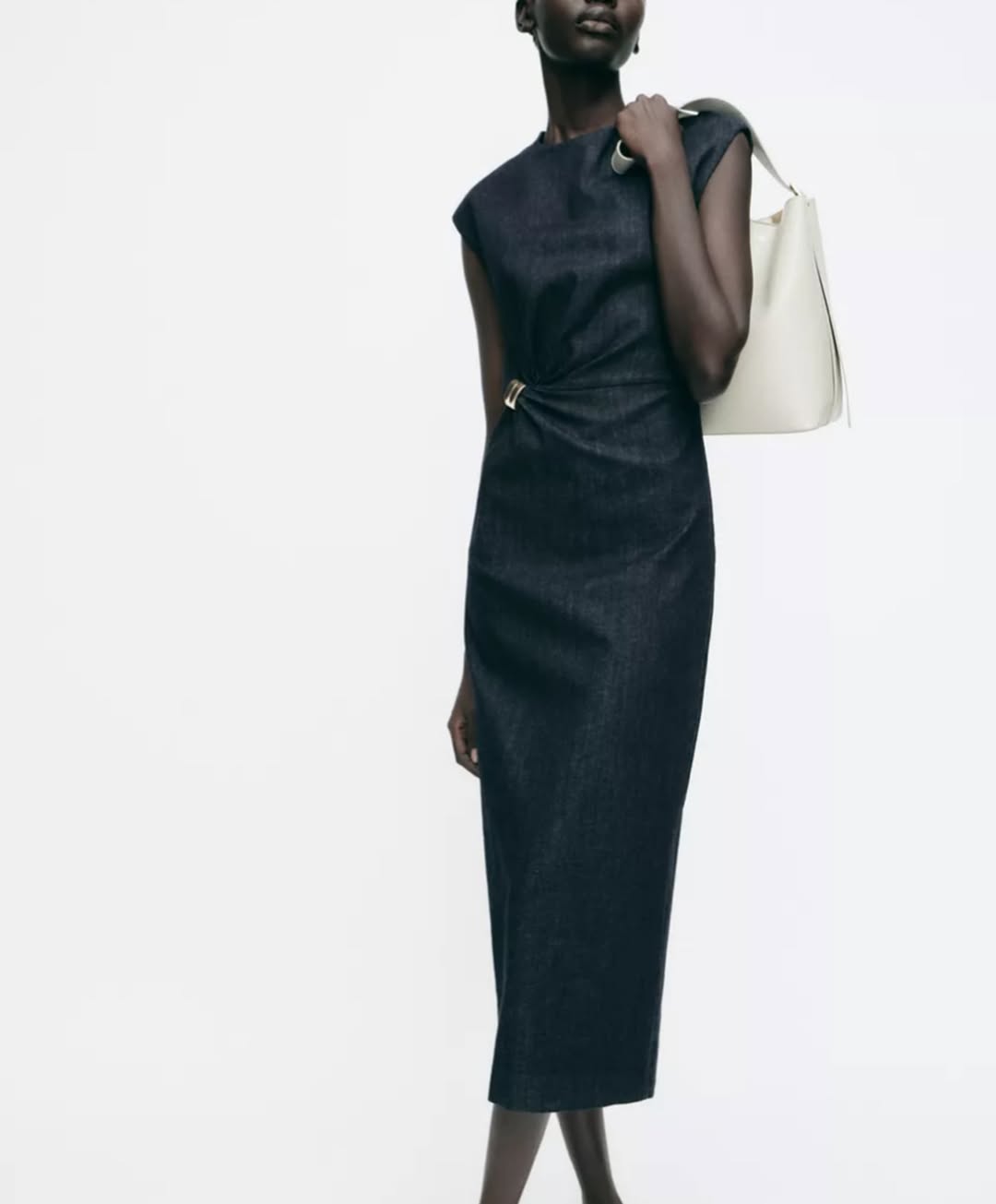 Gold Applique Denim Midi Dress