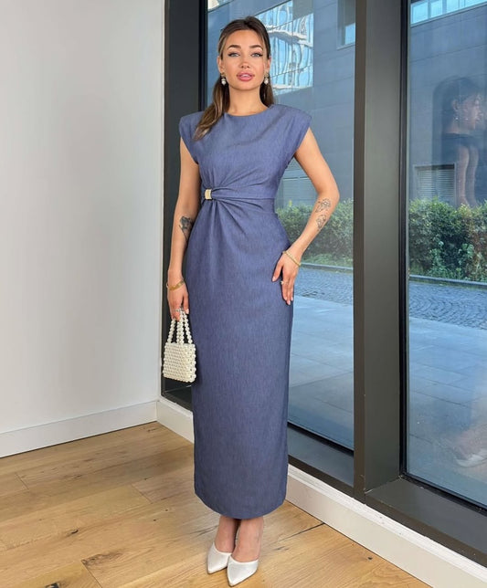 Gold Applique Denim Midi Dress