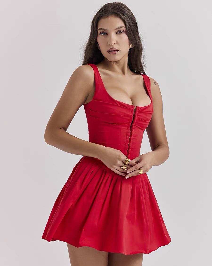 HOOK & EYE DROP WAIST PLEATED CORSET SUMMER MINI SUNDRESS