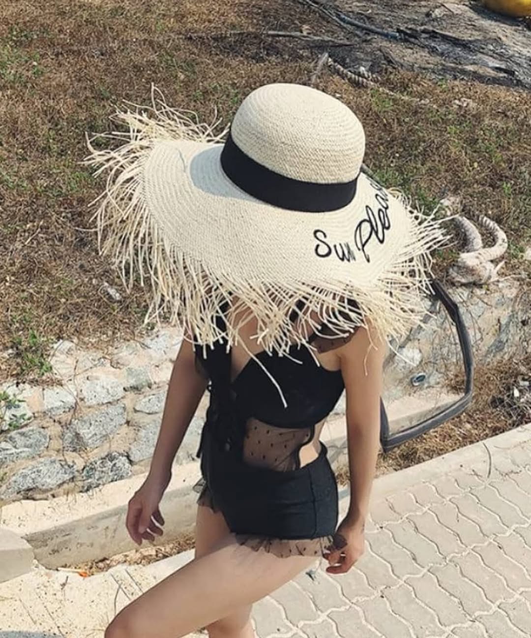 Embroidery lettering wide brim sun beach Hat