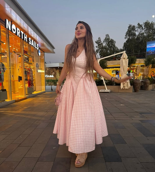 Luxe Anee Halter Neck Long Flaired Gingham Maxi Dress