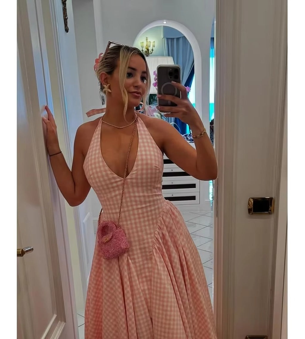 Luxe Anee Halter Neck Long Flaired Gingham Maxi Dress