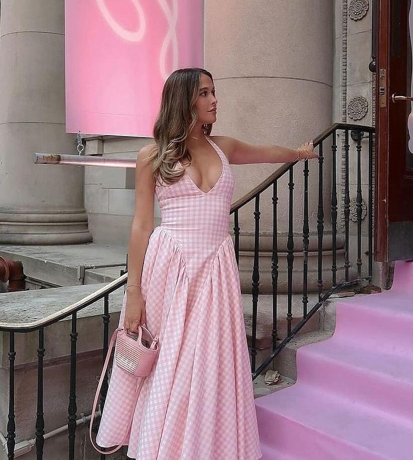 Luxe Anee Halter Neck Long Flaired Gingham Maxi Dress