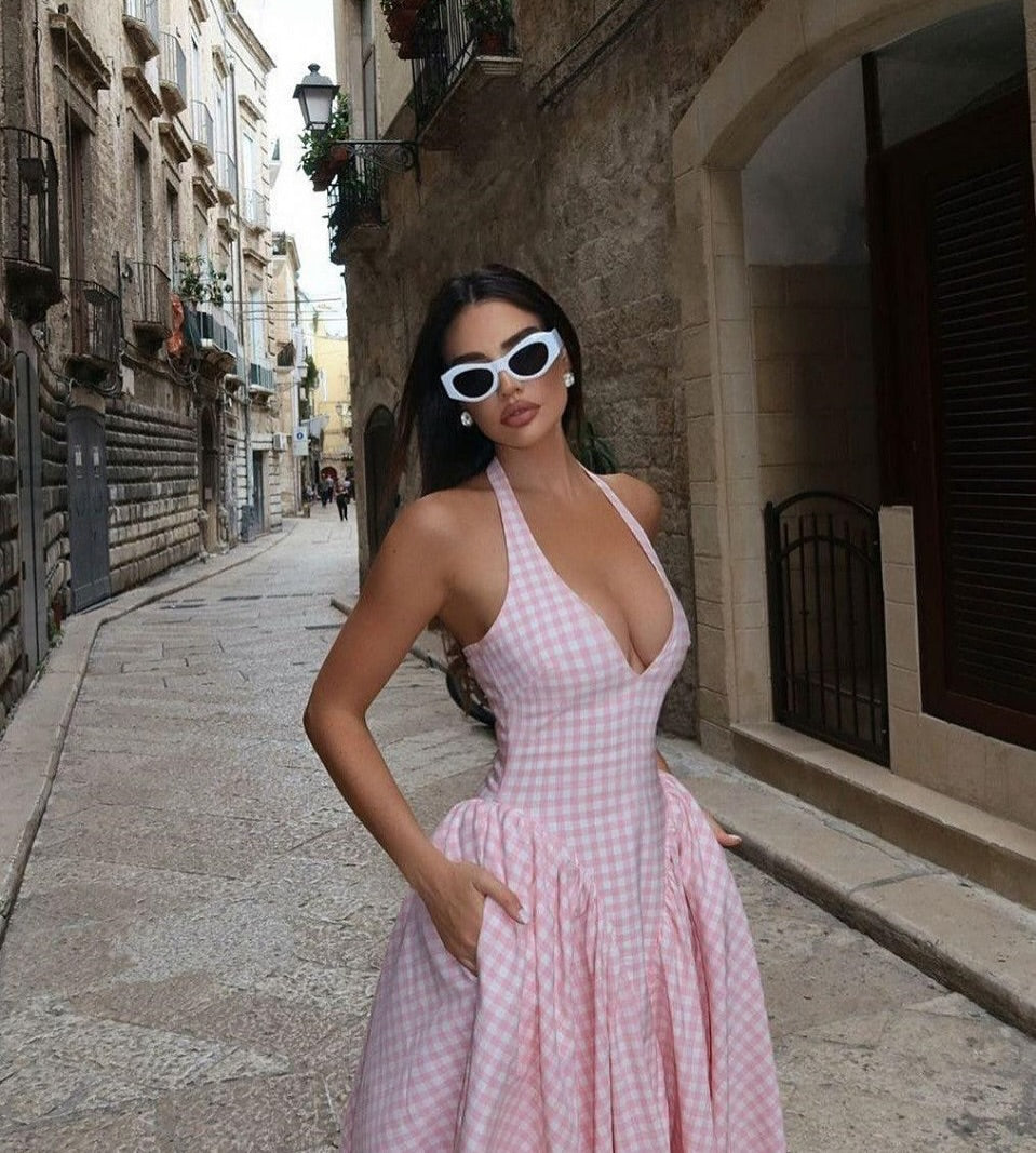 Luxe Anee Halter Neck Long Flaired Gingham Maxi Dress