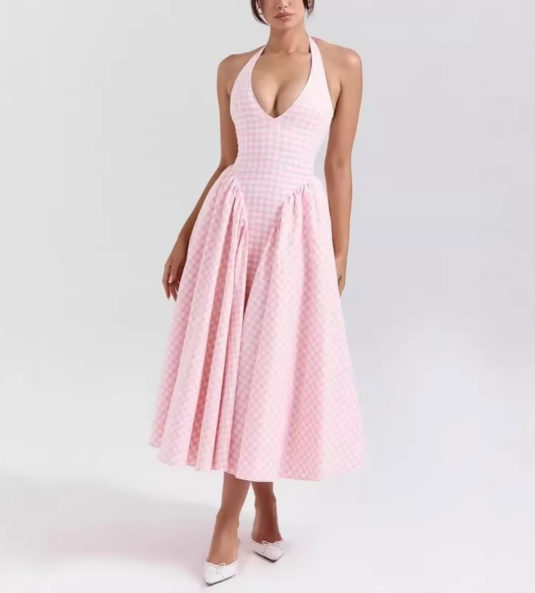 Luxe Anee Halter Neck Long Flaired Gingham Maxi Dress