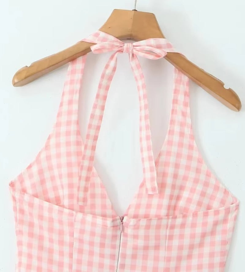 Luxe Anee Halter Neck Long Flaired Gingham Maxi Dress