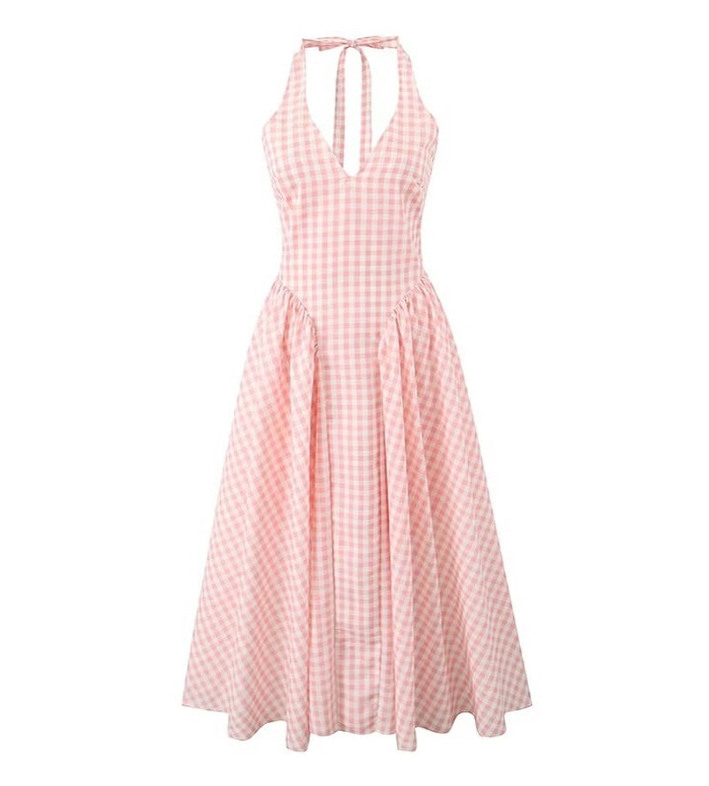Luxe Anee Halter Neck Long Flaired Gingham Maxi Dress