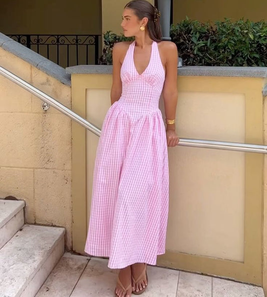 Luxe Anee Halter Neck Long Flaired Gingham Maxi Dress