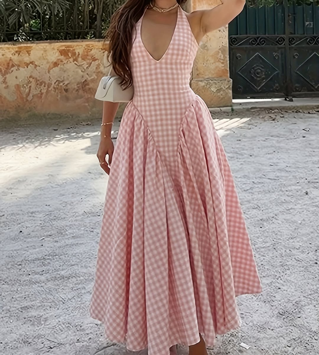 Luxe Anee Halter Neck Long Flaired Gingham Maxi Dress