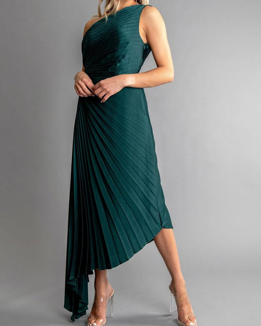 One Shoulder Sun Pleated Satin Dress