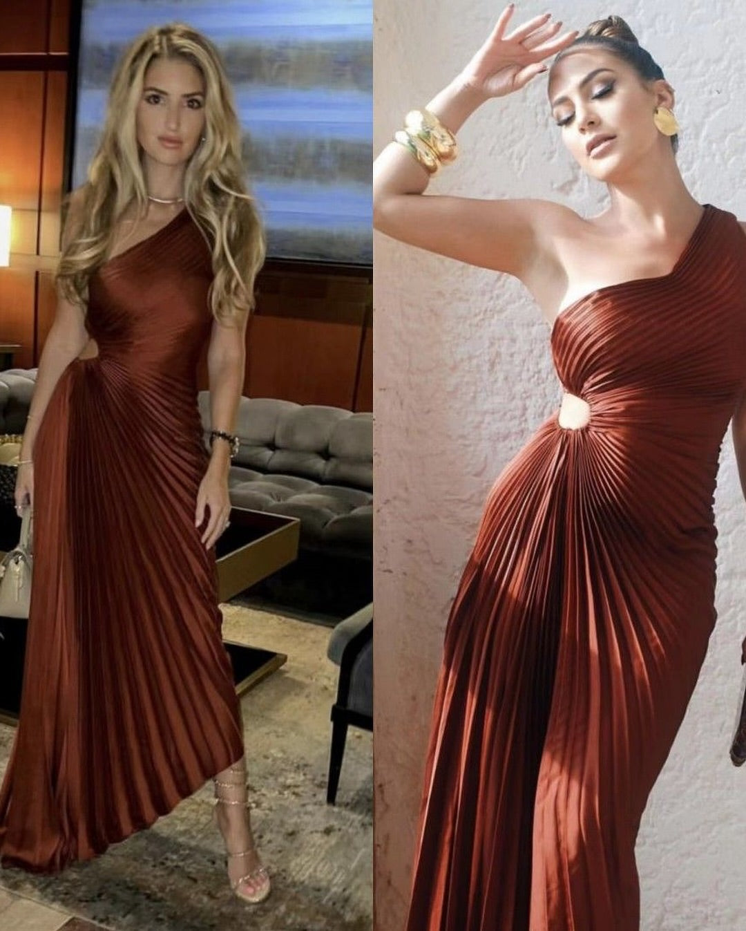 One Shoulder Sun Pleated Satin Dress