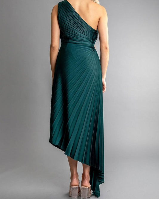 One Shoulder Sun Pleated Satin Dress