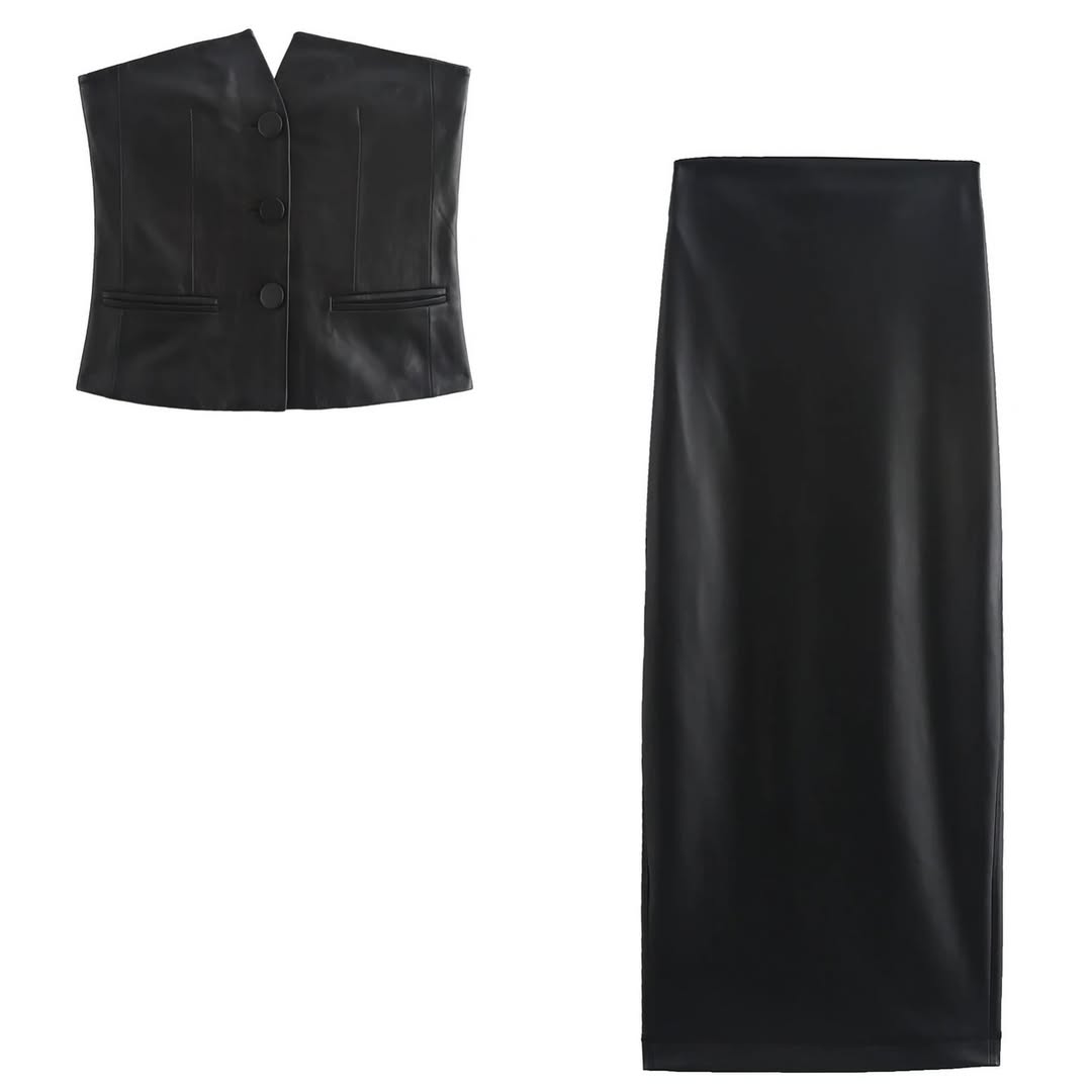PU Leather Tube Vest Top & Slit Skirt Coord Set